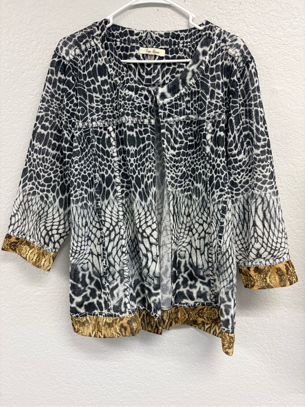 Onque Woman Black & White Animal Print Cardigan with Gold Trim